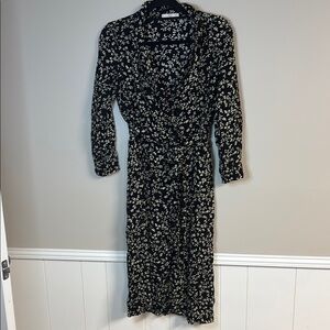 MNG Casual Black and White Wrap Button Front Dress with Plunging Collar